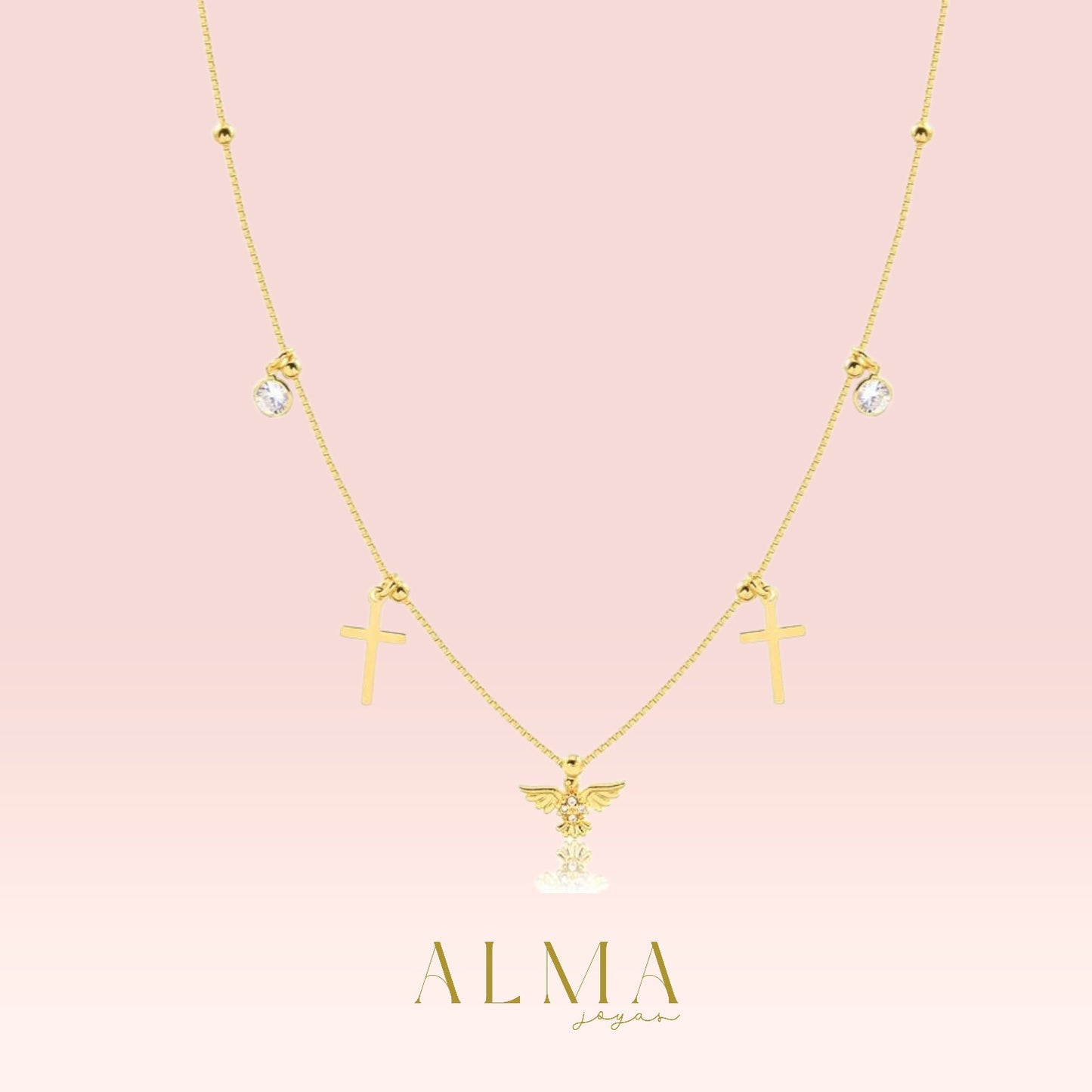 Gargantilla de 40cm + extensor de 5cm, malla con cuentas, volantes y Espíritu Santo, baño de oro.