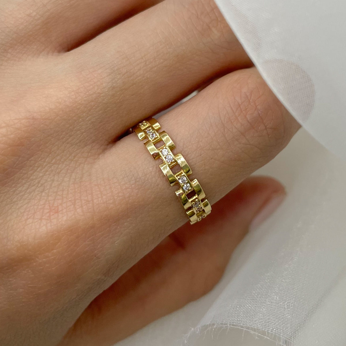 Anillo Eslabón con piedras - Oro 18K
