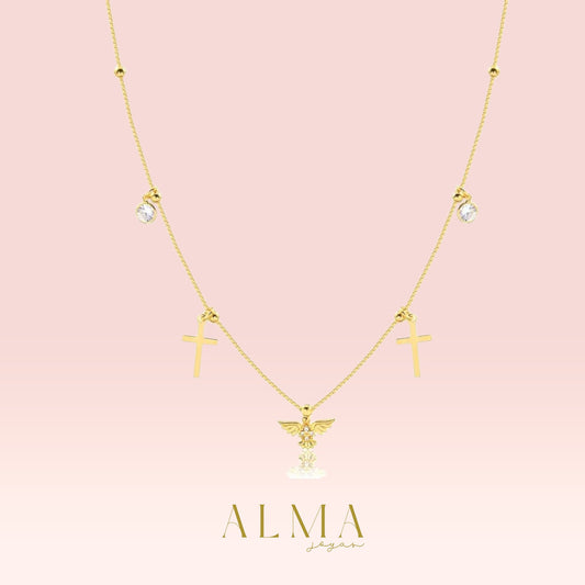 Gargantilla de 40cm + extensor de 5cm, malla con cuentas, volantes y Espíritu Santo, baño de oro.