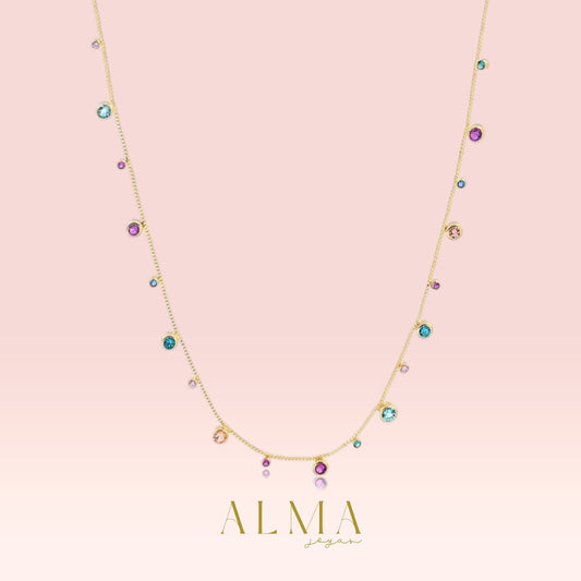 Gargantilla de 40cm con extensor de 10cm, puntos de luz de colores, baño de oro.