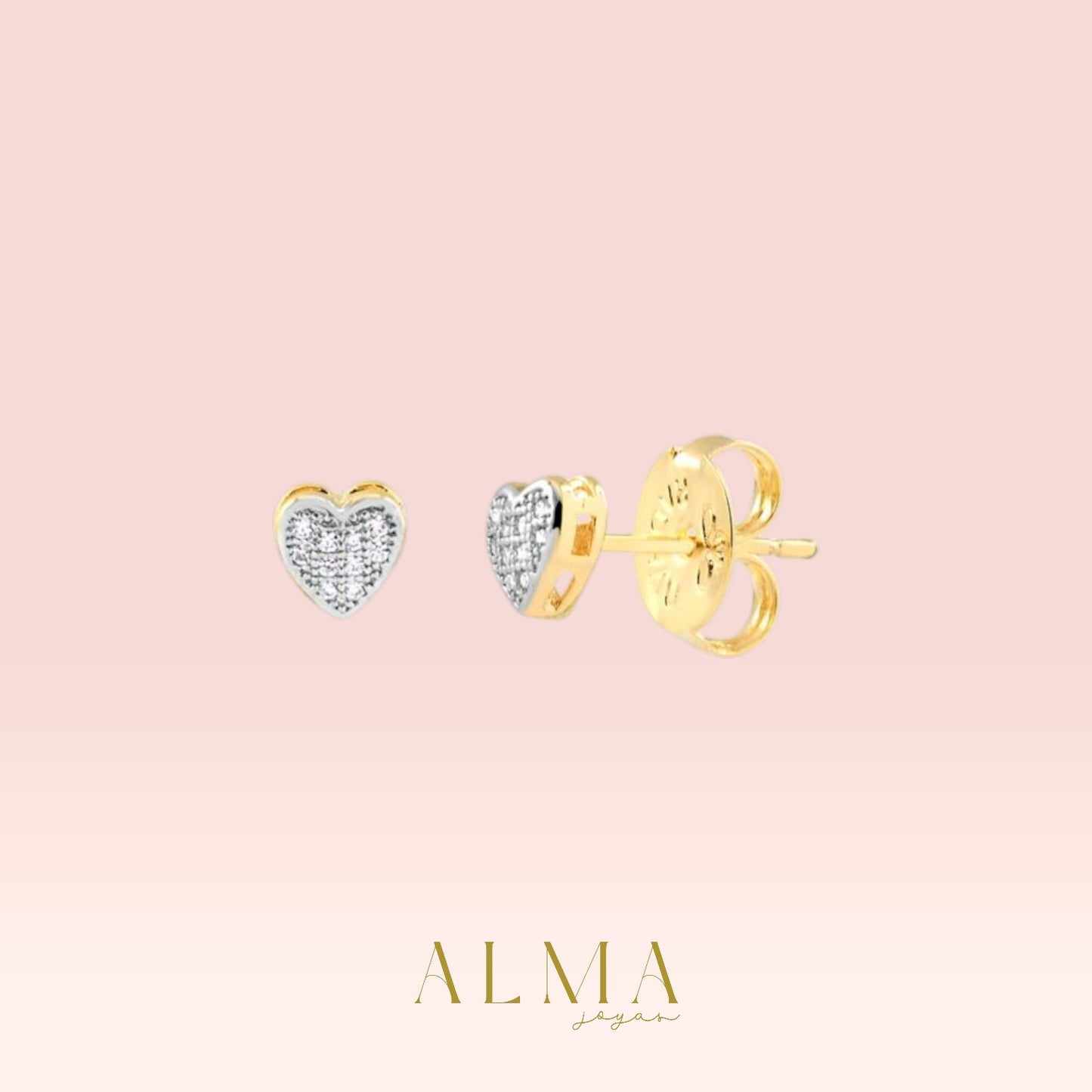 Pendientes mini corazón con piedras de circonitas, bañados en oro.
